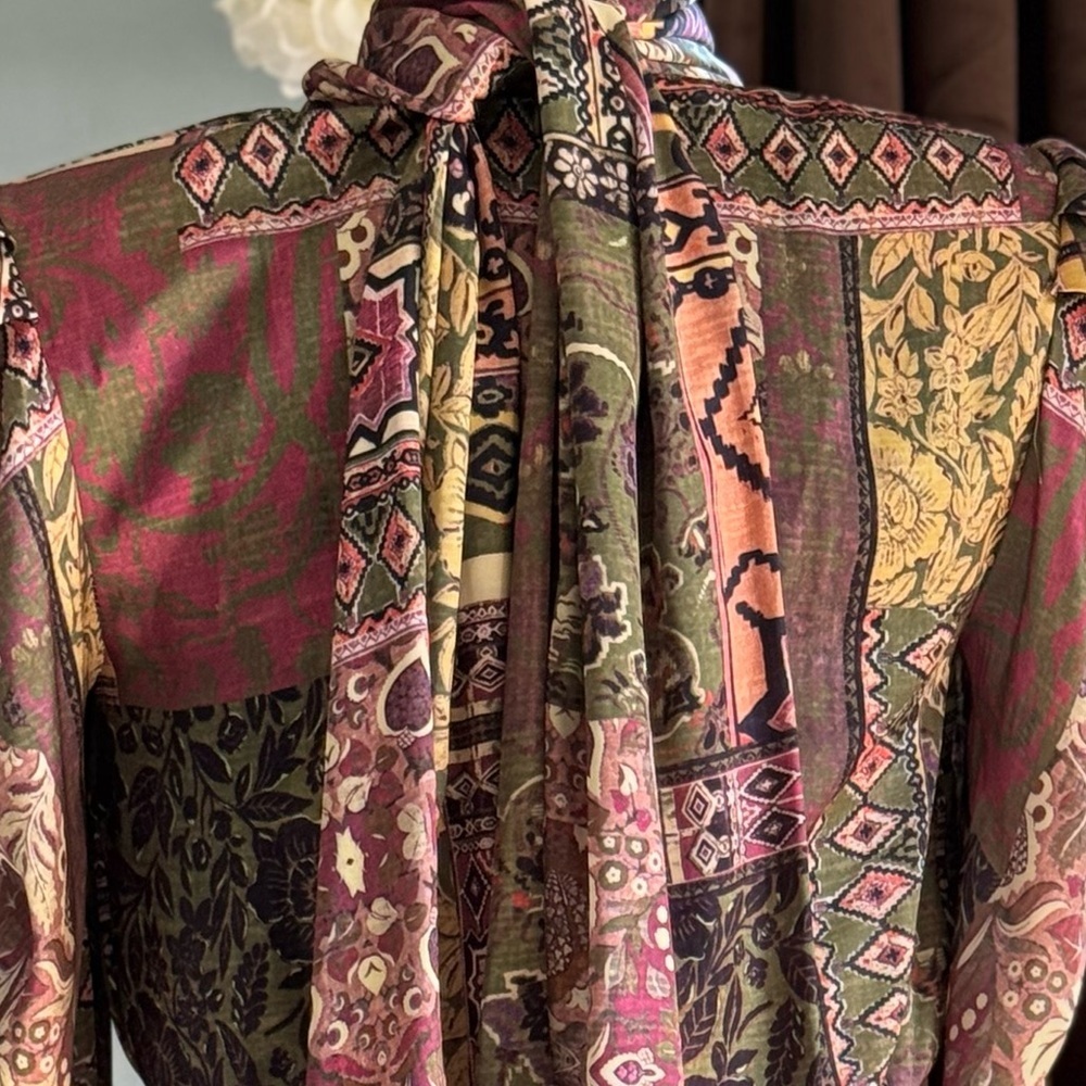 Bronx & Banco XS Patchwork Paisley Puff Sleeve Tie Back Dress Statement Luxury - Picture 4 of 5